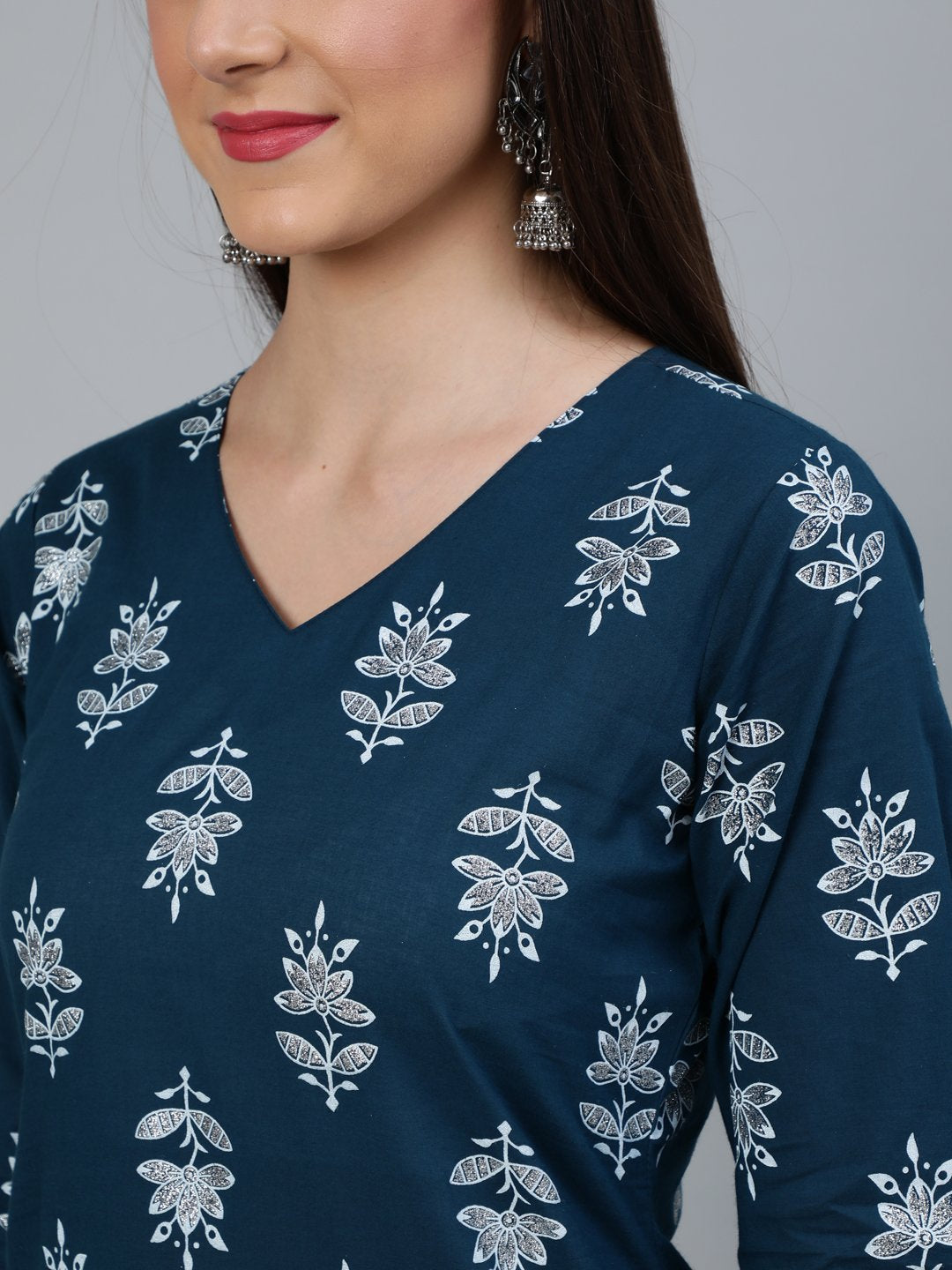 Women Teal Blue & Silver Printed Straight Kurta With Three Quarters Sleeves | LASVINI - Redefining Indian Fashion with Elegance