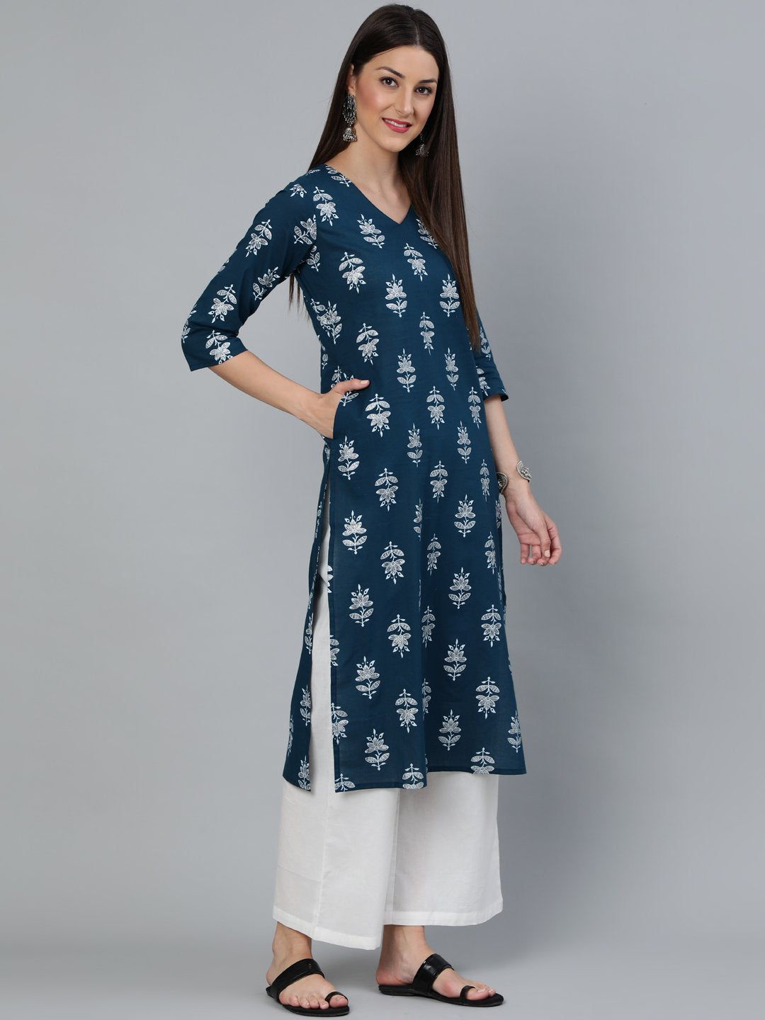 Women Teal Blue & Silver Printed Straight Kurta With Three Quarters Sleeves | LASVINI - Redefining Indian Fashion with Elegance