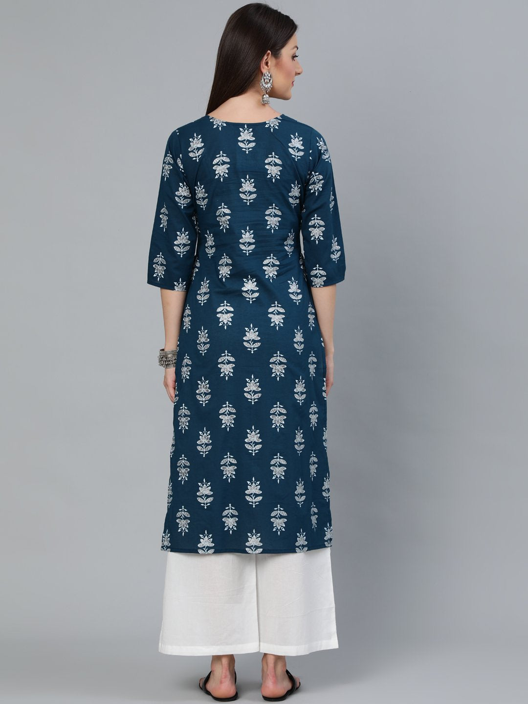Women Teal Blue & Silver Printed Straight Kurta With Three Quarters Sleeves | LASVINI - Redefining Indian Fashion with Elegance