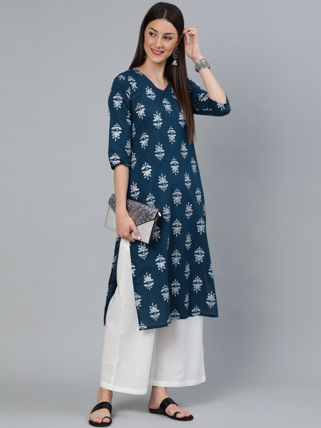 Women Teal Blue & Silver Printed Straight Kurta With Three Quarters Sleeves | LASVINI - Redefining Indian Fashion with Elegance