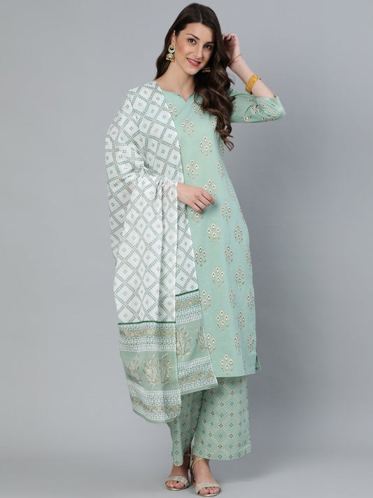 Women Sage Green & Gold Printed Straight Kurta With Plazo & Dupatta | LASVINI - Redefining Indian Fashion with Elegance