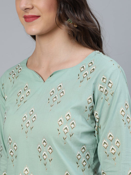 Women Sage Green & Gold Printed Straight Kurta With Plazo & Dupatta | LASVINI - Redefining Indian Fashion with Elegance