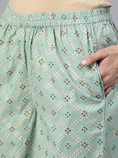 Women Sage Green & Gold Printed Straight Kurta With Plazo & Dupatta | LASVINI - Redefining Indian Fashion with Elegance