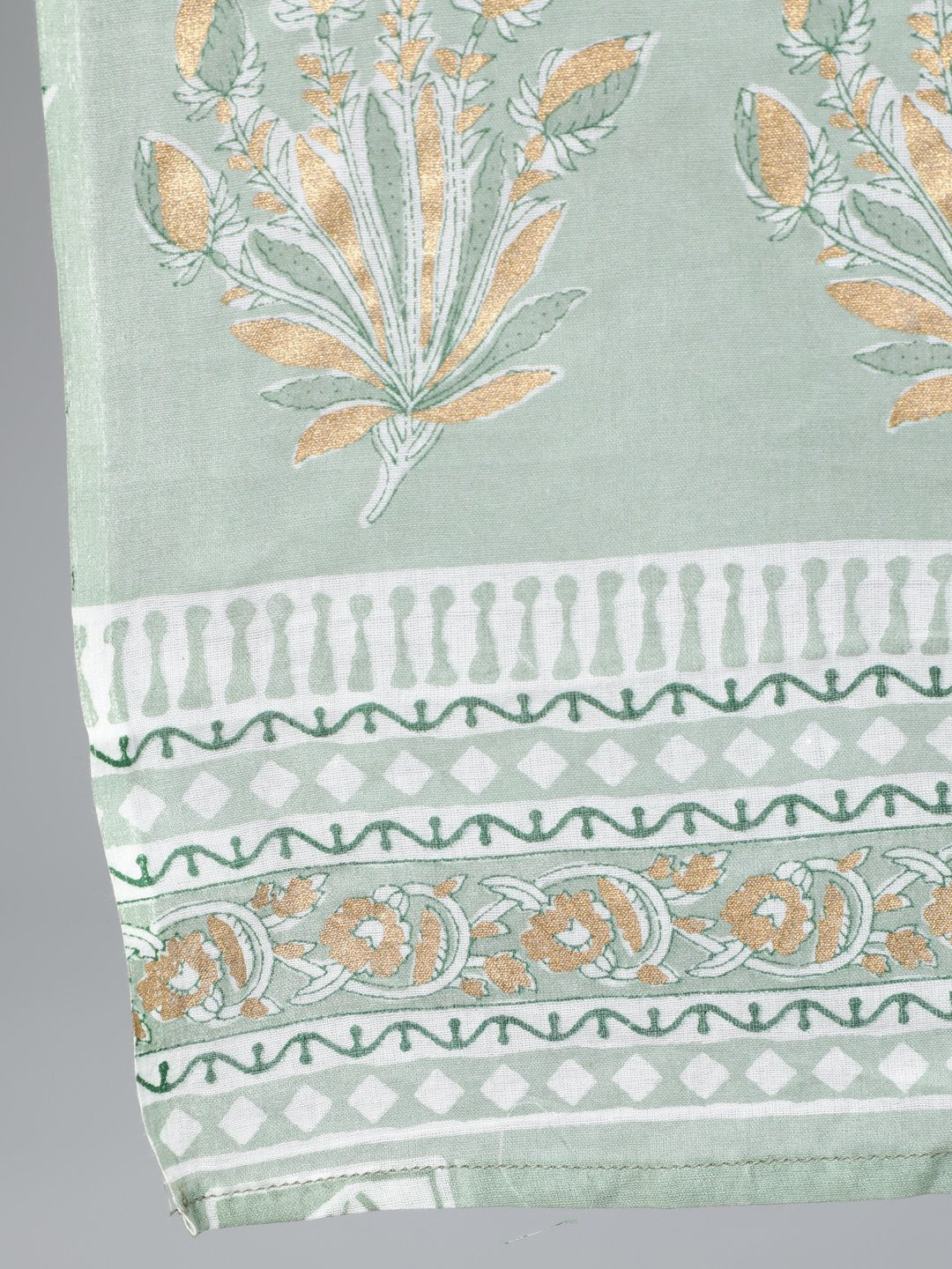 Women Sage Green & Gold Printed Straight Kurta With Plazo & Dupatta | LASVINI - Redefining Indian Fashion with Elegance