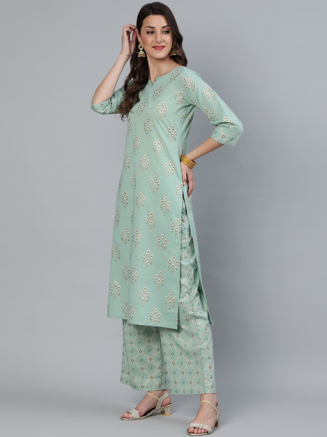 Women Sage Green & Gold Printed Straight Kurta With Plazo & Dupatta | LASVINI - Redefining Indian Fashion with Elegance
