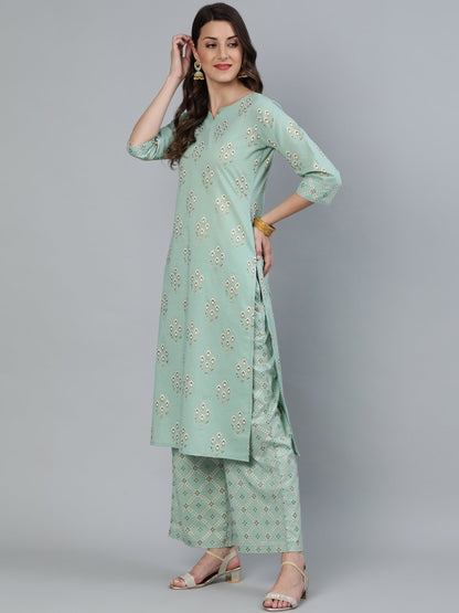 Women Sage Green & Gold Printed Straight Kurta With Plazo & Dupatta | LASVINI - Redefining Indian Fashion with Elegance