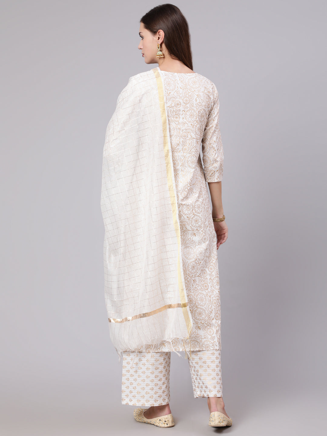 Women Off-White & Gold Printed Straight Kurta With Plazzo  & Dupatta | LASVINI - Redefining Indian Fashion with Elegance