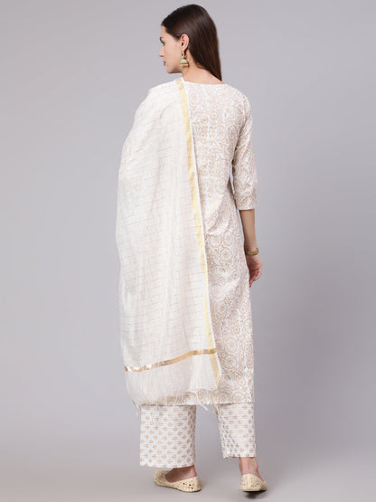 Women Off-White & Gold Printed Straight Kurta With Plazzo  & Dupatta | LASVINI - Redefining Indian Fashion with Elegance