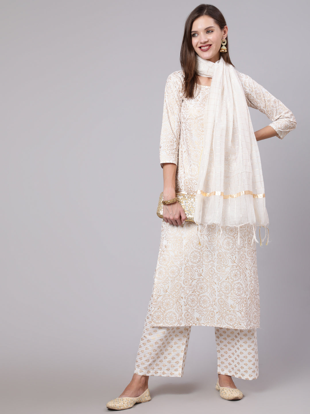 Women Off-White & Gold Printed Straight Kurta With Plazzo  & Dupatta | LASVINI - Redefining Indian Fashion with Elegance