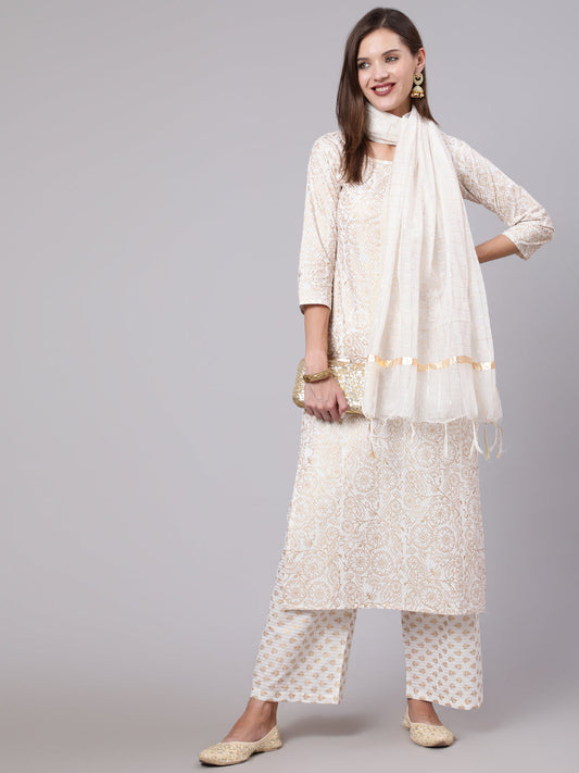 Women Off-White & Gold Printed Straight Kurta With Plazzo  & Dupatta | LASVINI - Redefining Indian Fashion with Elegance