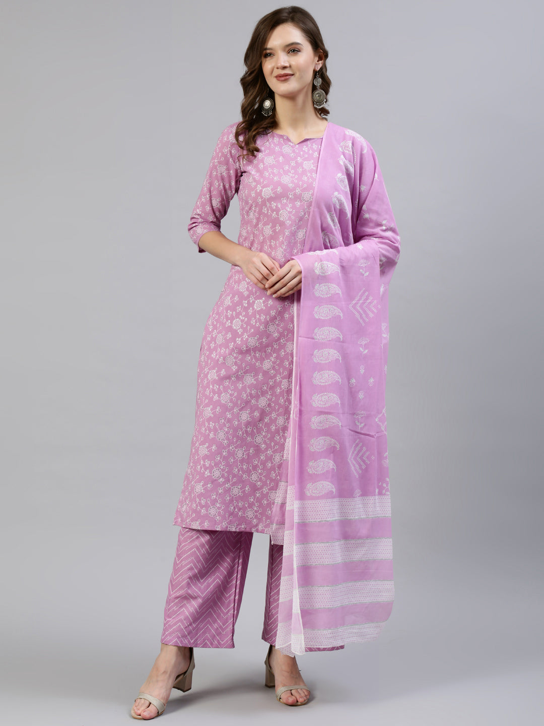 Women Lavender & Silver Floral Printed Straight Kurta With Plazo & Dupatta | LASVINI - Redefining Indian Fashion with Elegance