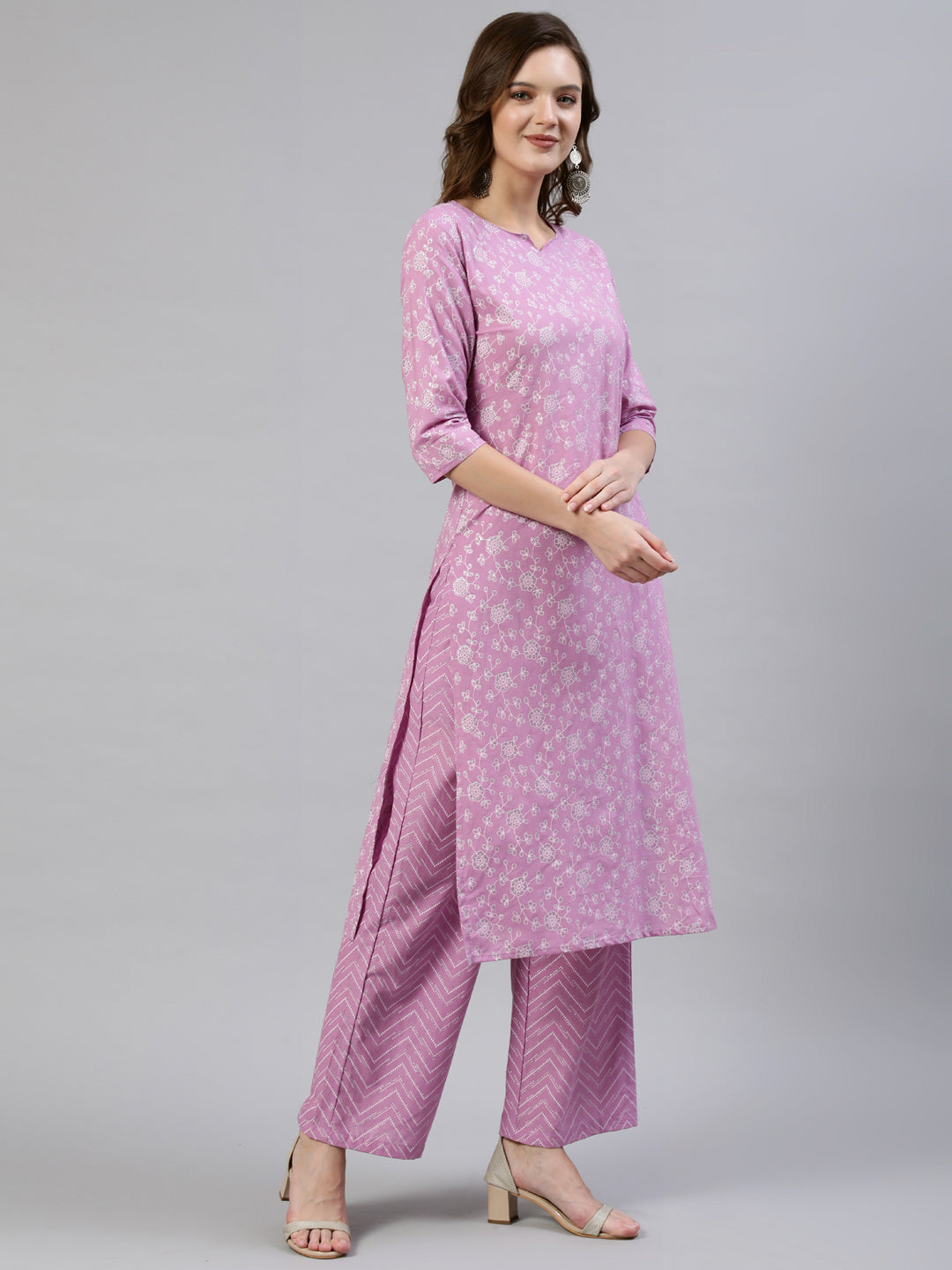 Women Lavender & Silver Floral Printed Straight Kurta With Plazo & Dupatta | LASVINI - Redefining Indian Fashion with Elegance