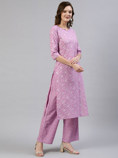 Women Lavender & Silver Floral Printed Straight Kurta With Plazo & Dupatta | LASVINI - Redefining Indian Fashion with Elegance