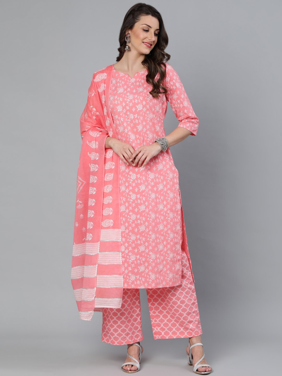 Women Peach & Silver Printed Straight Kurta With Plazzo  & Dupatta | LASVINI - Redefining Indian Fashion with Elegance