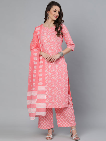 Women Peach & Silver Printed Straight Kurta With Plazzo  & Dupatta | LASVINI - Redefining Indian Fashion with Elegance