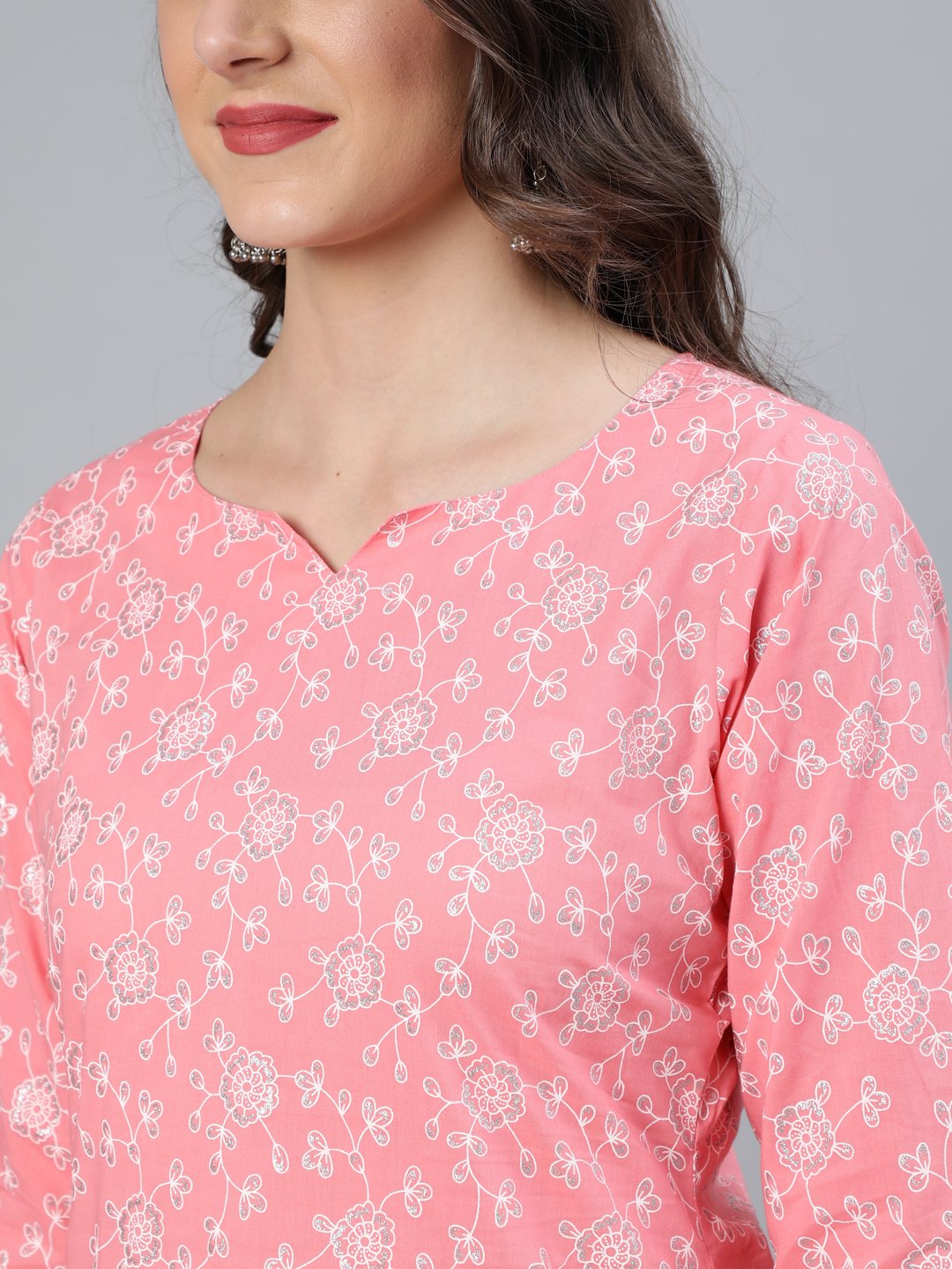 Women Peach & Silver Printed Straight Kurta With Plazzo  & Dupatta | LASVINI - Redefining Indian Fashion with Elegance