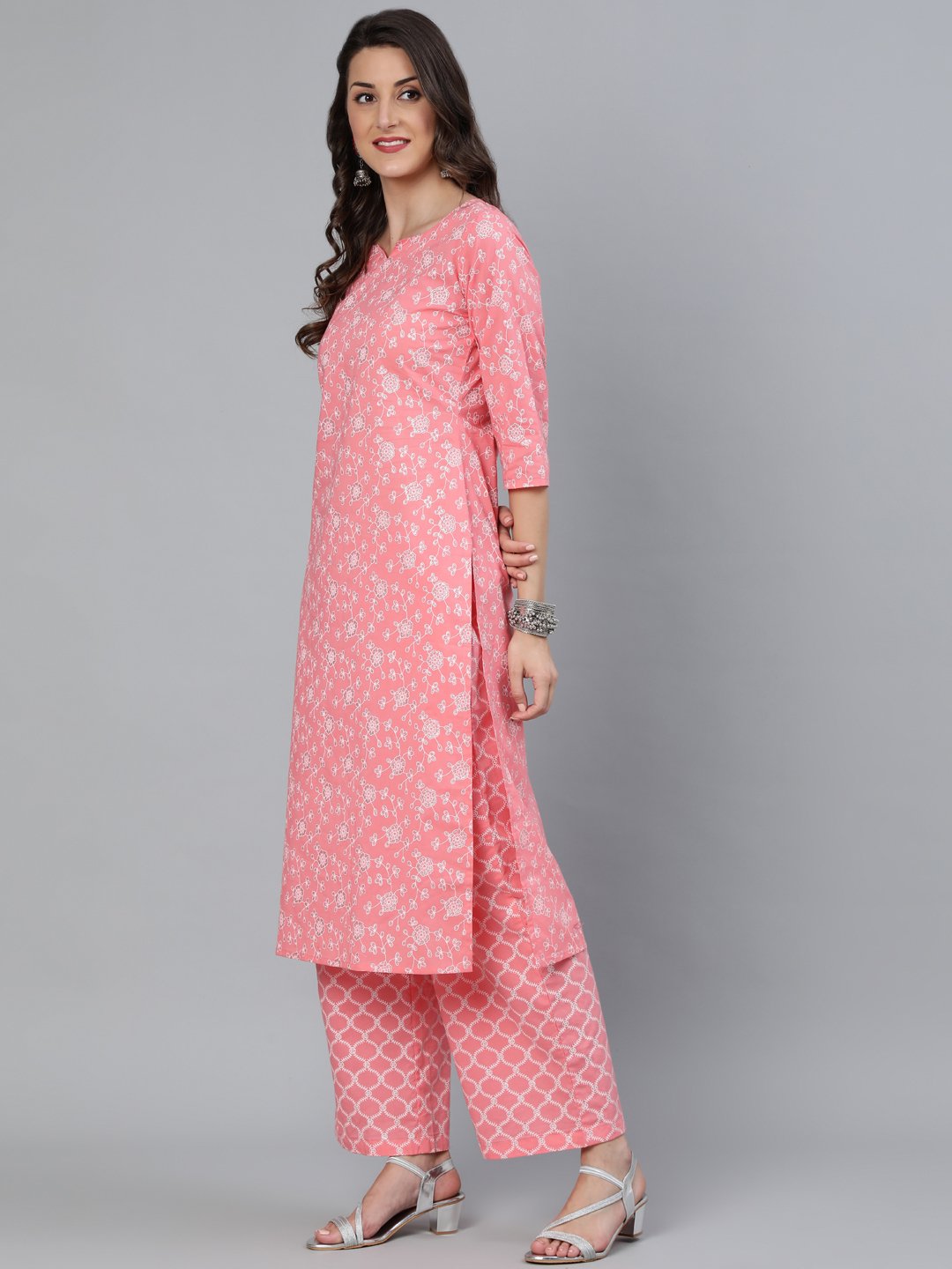 Women Peach & Silver Printed Straight Kurta With Plazzo  & Dupatta | LASVINI - Redefining Indian Fashion with Elegance