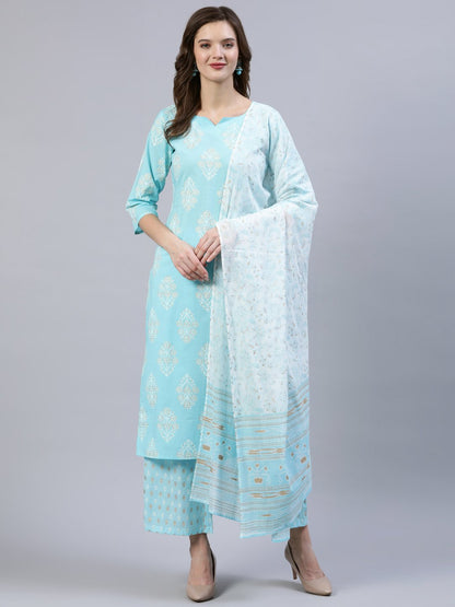 Women Pastel Blue & Gold Printed Straight Kurta With Trouser  & Dupatta | LASVINI - Redefining Indian Fashion with Elegance
