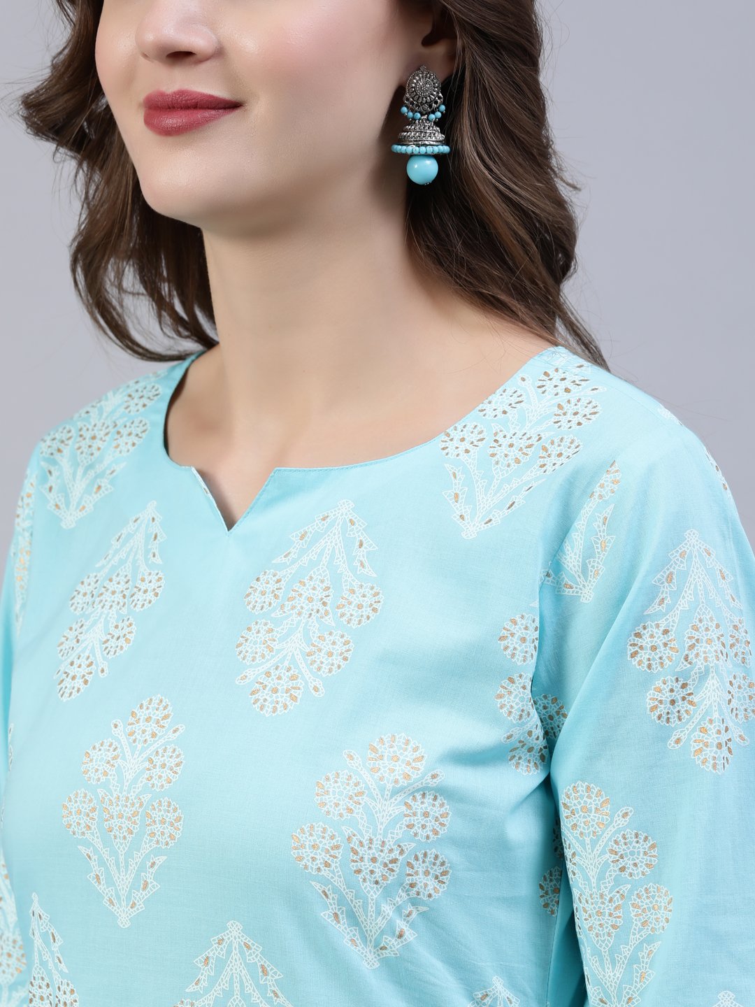 Women Pastel Blue & Gold Printed Straight Kurta With Trouser  & Dupatta | LASVINI - Redefining Indian Fashion with Elegance