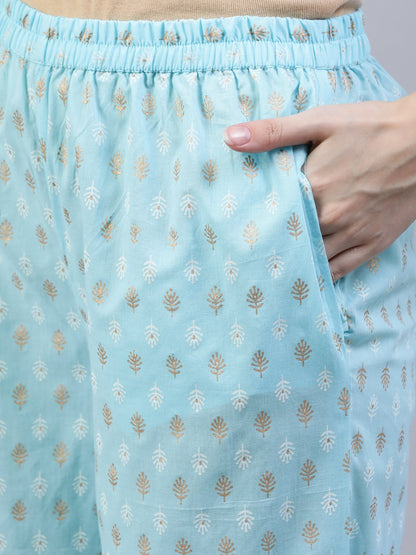Women Pastel Blue & Gold Printed Straight Kurta With Trouser  & Dupatta | LASVINI - Redefining Indian Fashion with Elegance