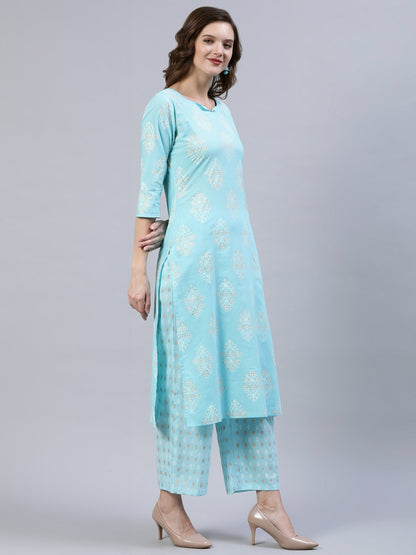 Women Pastel Blue & Gold Printed Straight Kurta With Trouser  & Dupatta | LASVINI - Redefining Indian Fashion with Elegance