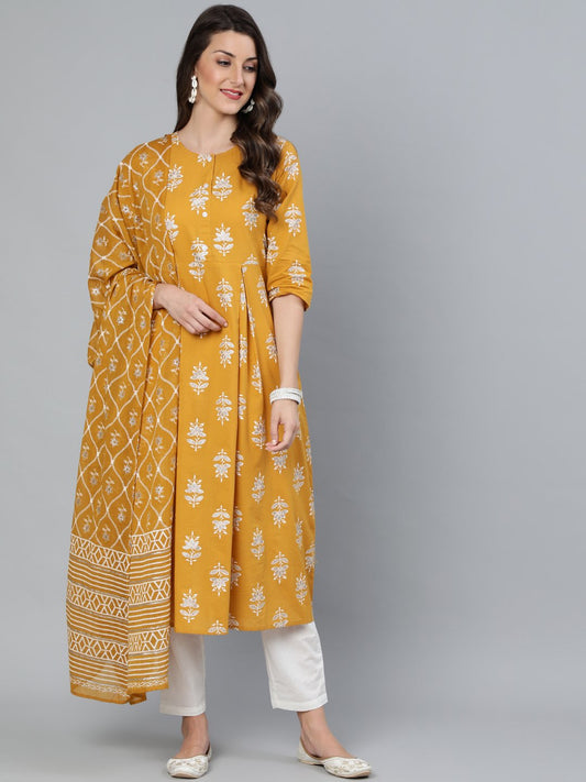 Women Mustard & Silver Printed Box Pleated Kurta With Trouser  & Dupatta | LASVINI - Redefining Indian Fashion with Elegance
