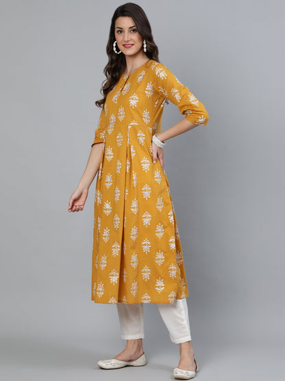 Women Mustard & Silver Printed Box Pleated Kurta With Trouser  & Dupatta | LASVINI - Redefining Indian Fashion with Elegance