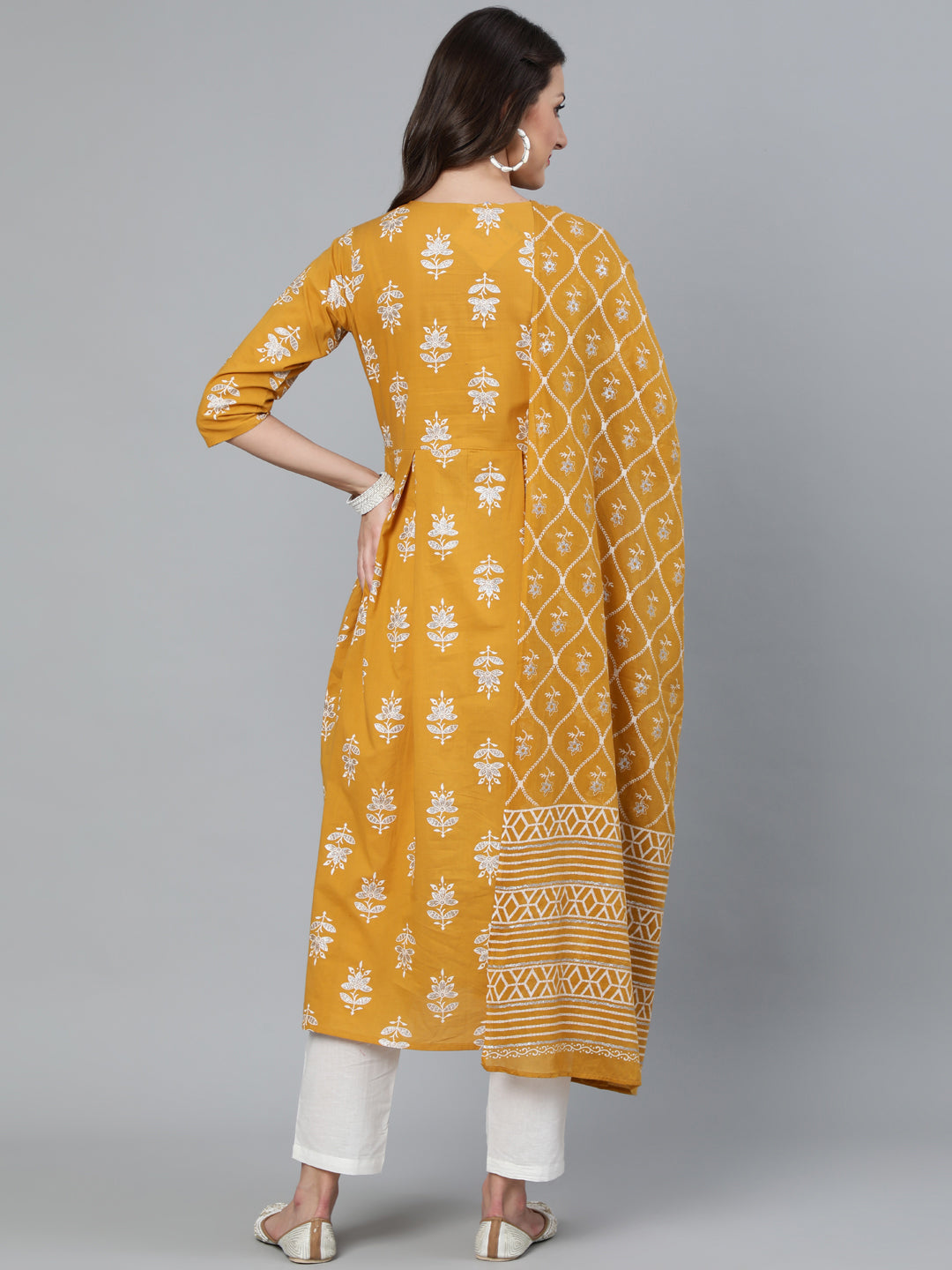 Women Mustard & Silver Printed Box Pleated Kurta With Trouser  & Dupatta | LASVINI - Redefining Indian Fashion with Elegance