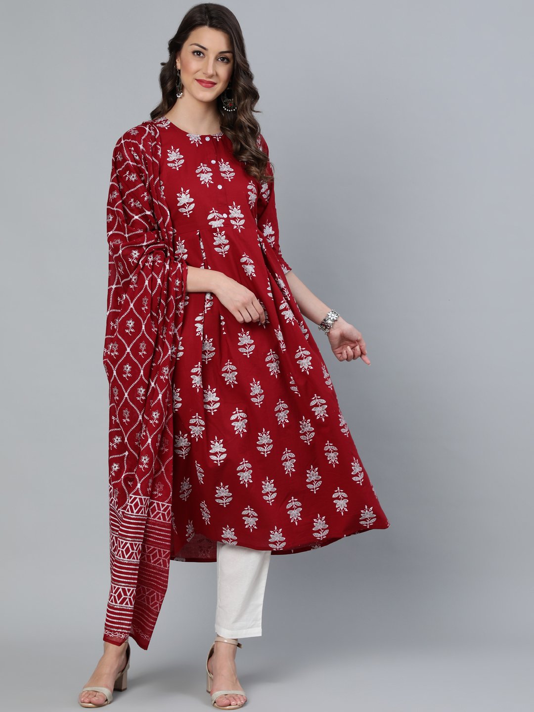 Women Maroon & Silver Printed Box Pleated Kurta With Trouser  & Dupatta | LASVINI - Redefining Indian Fashion with Elegance