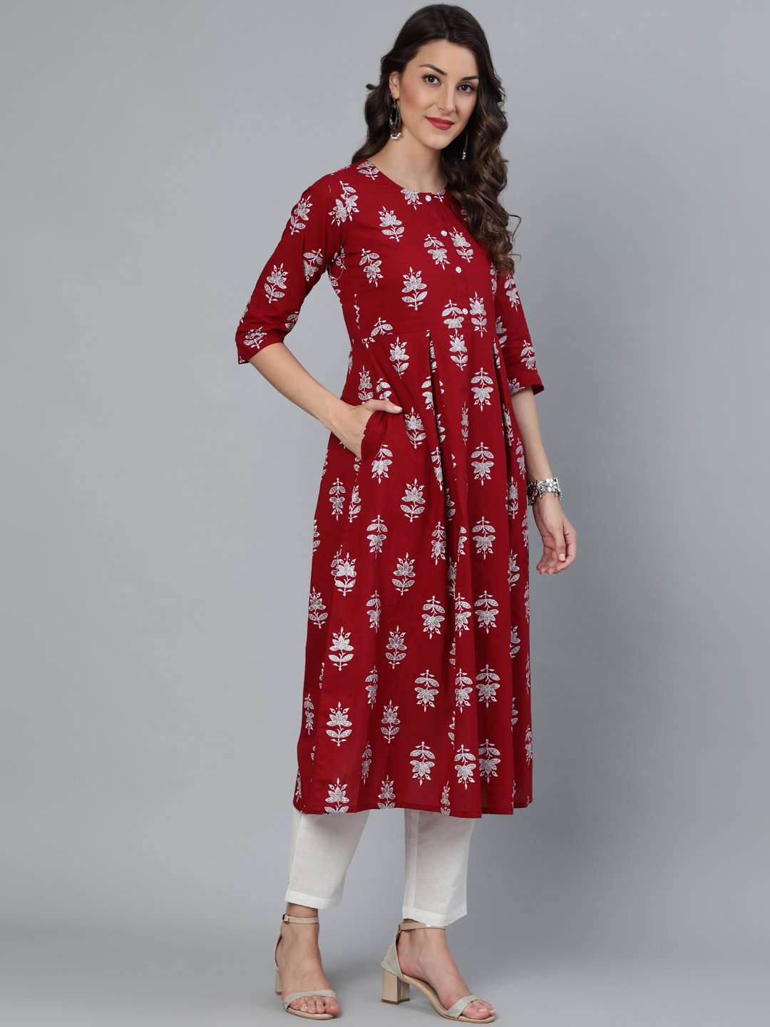 Women Maroon & Silver Printed Box Pleated Kurta With Trouser  & Dupatta | LASVINI - Redefining Indian Fashion with Elegance