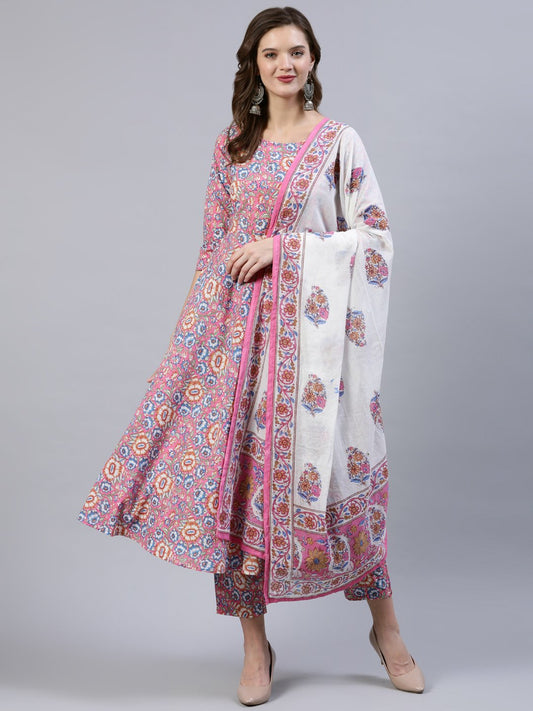 Women Pink Printed Flared Kurta With Trouser & Dupatta | LASVINI - Redefining Indian Fashion with Elegance