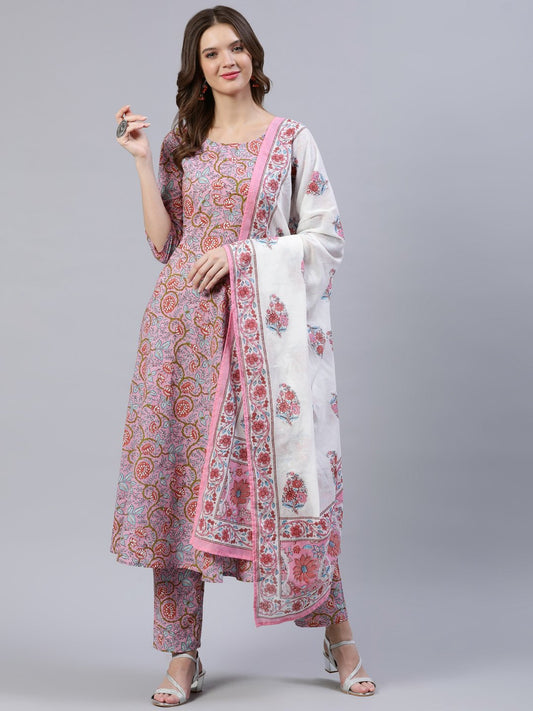 Women Pink Printed Flared Kurta With Trouser & Dupatta | LASVINI - Redefining Indian Fashion with Elegance