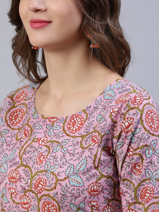 Women Pink Printed Flared Kurta With Trouser & Dupatta | LASVINI - Redefining Indian Fashion with Elegance
