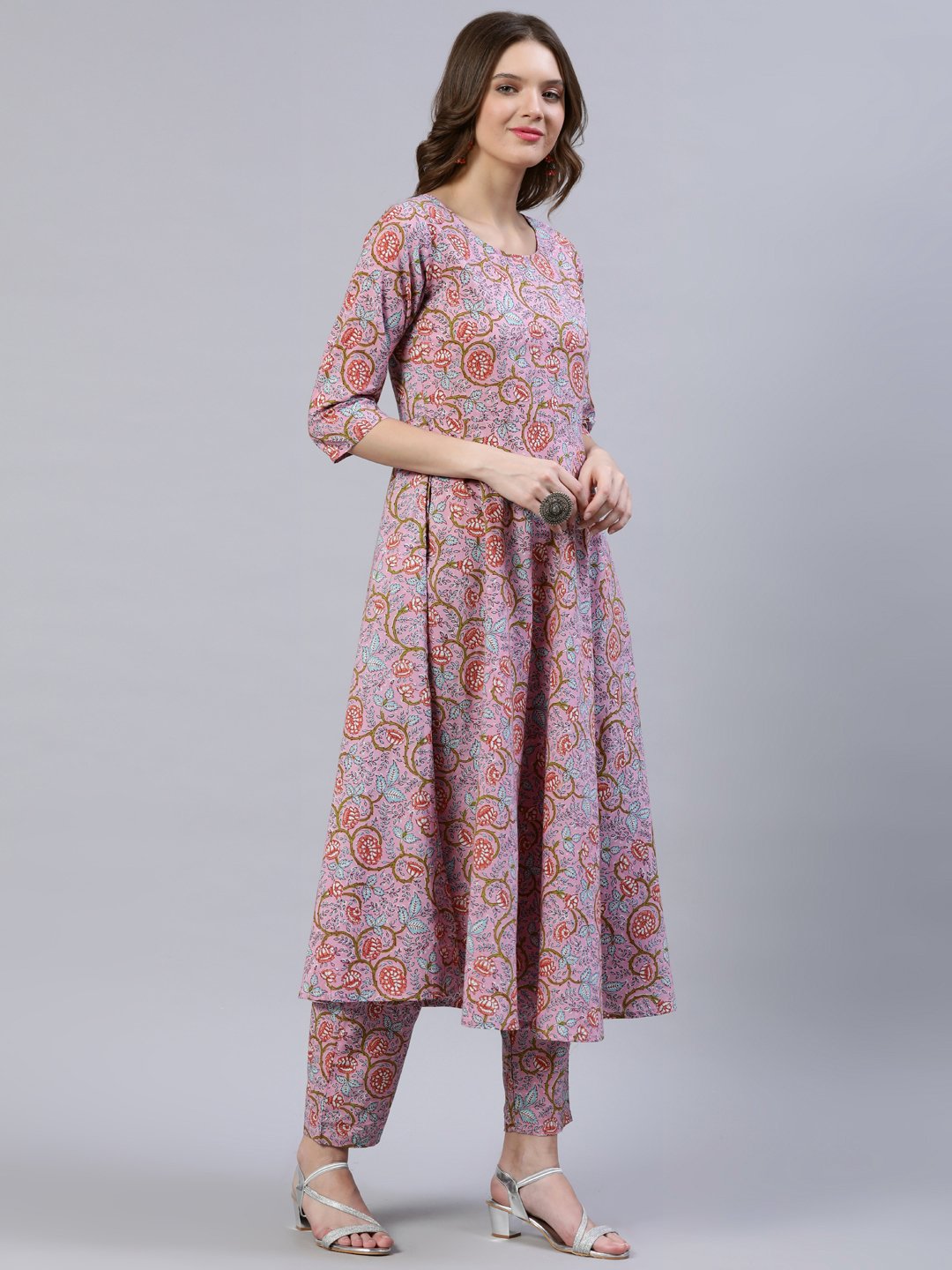 Women Pink Printed Flared Kurta With Trouser & Dupatta | LASVINI - Redefining Indian Fashion with Elegance