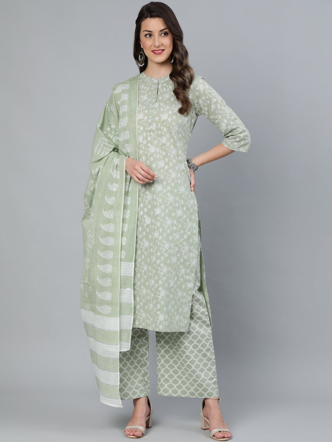 Women Sage Green & Silver Floral Printed Straight Kurta With Plazo & Dupatta | LASVINI - Redefining Indian Fashion with Elegance