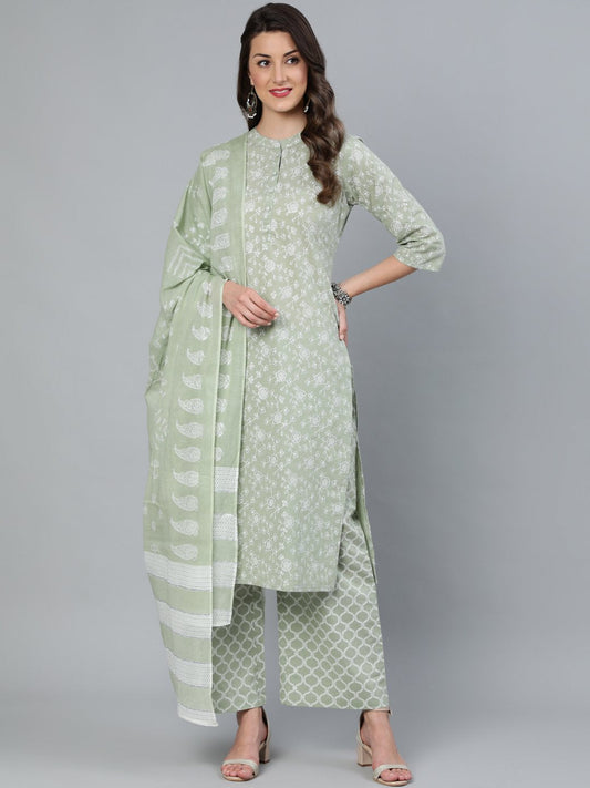 Women Sage Green & Silver Floral Printed Straight Kurta With Plazo & Dupatta | LASVINI - Redefining Indian Fashion with Elegance