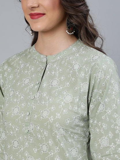 Women Sage Green & Silver Floral Printed Straight Kurta With Plazo & Dupatta | LASVINI - Redefining Indian Fashion with Elegance