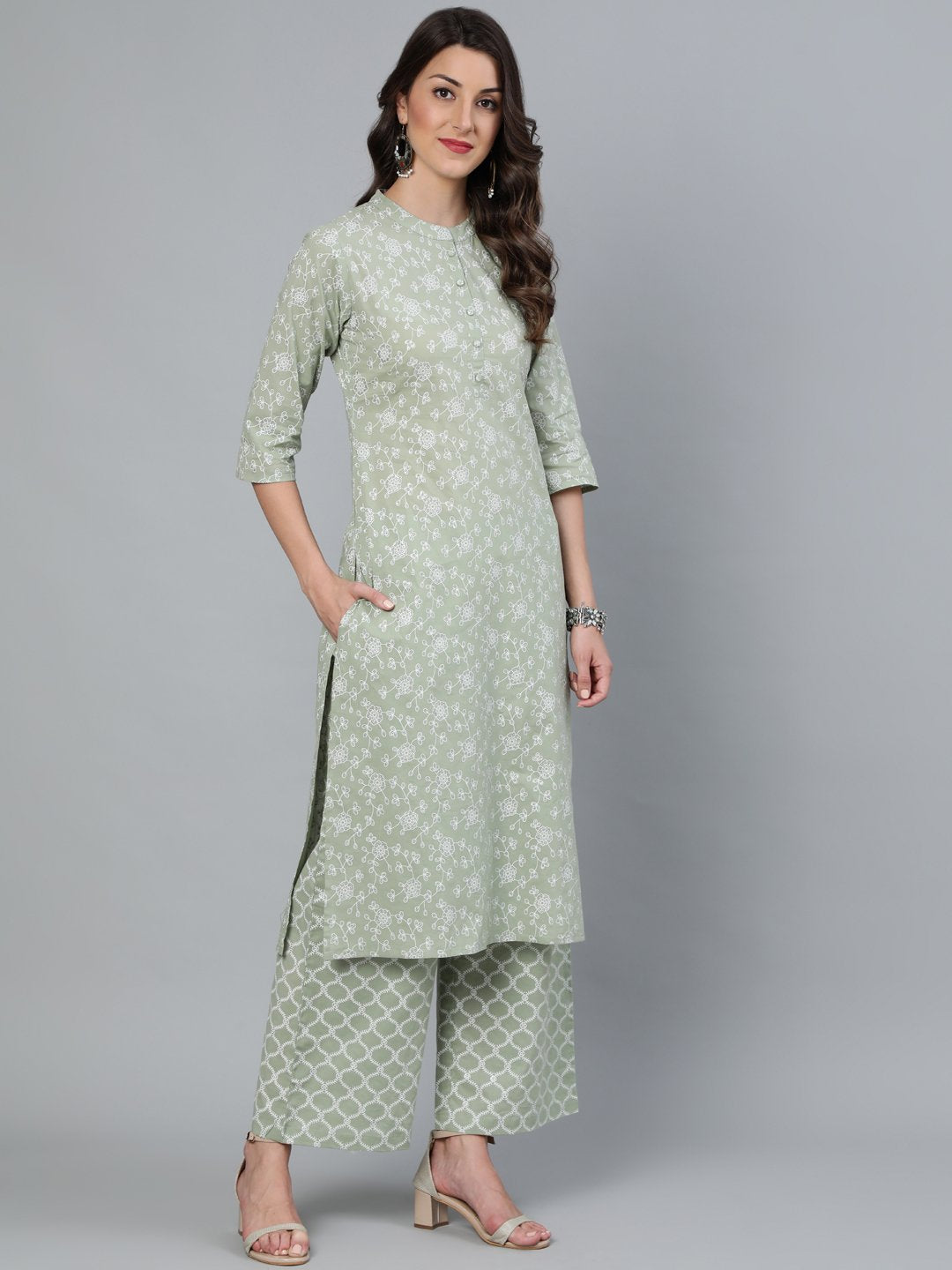 Women Sage Green & Silver Floral Printed Straight Kurta With Plazo & Dupatta | LASVINI - Redefining Indian Fashion with Elegance