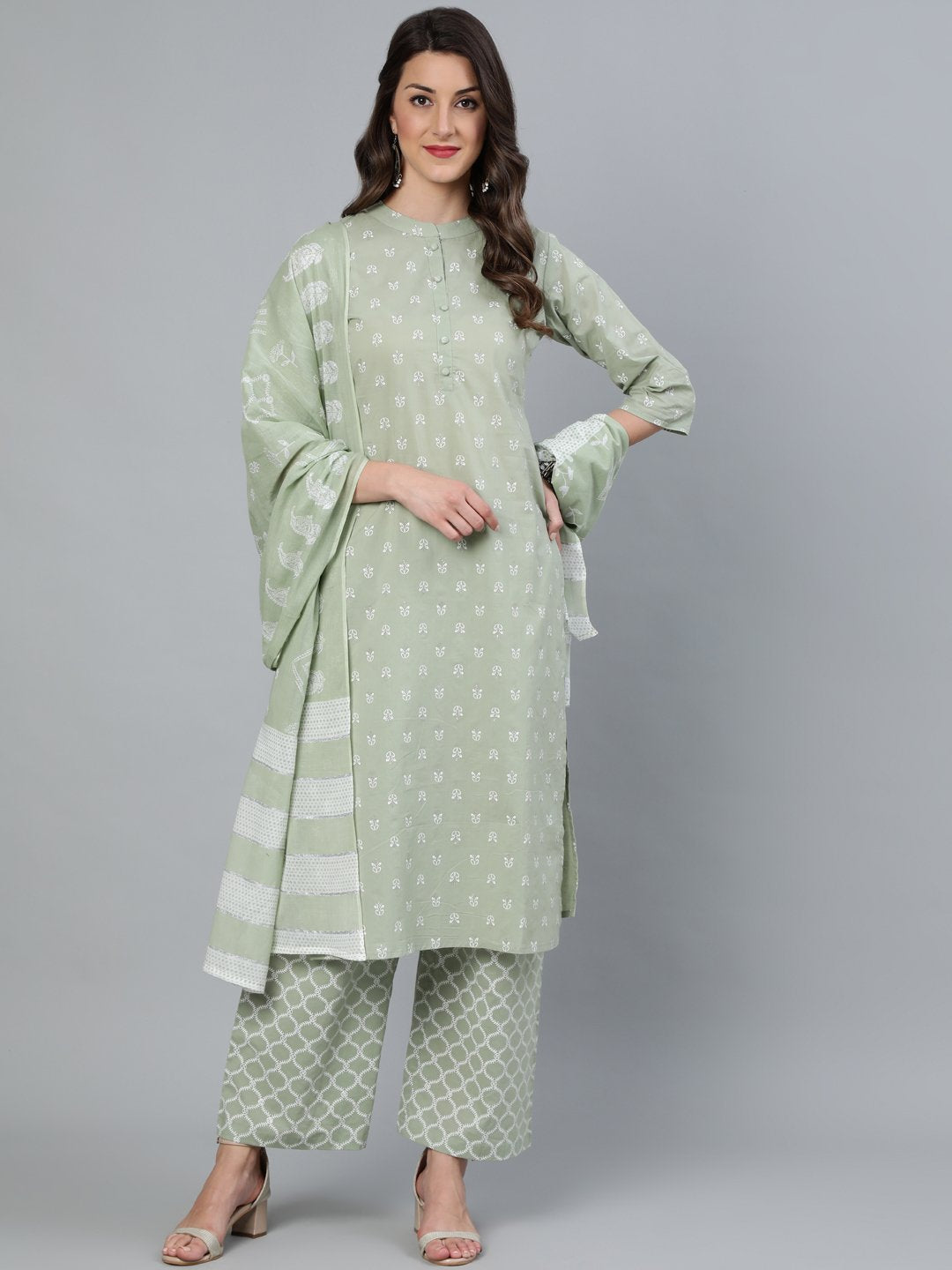 Women Sage Green & Silver Printed Straight Kurta With Plazo & Dupatta | LASVINI - Redefining Indian Fashion with Elegance
