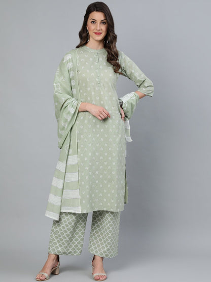 Women Sage Green & Silver Printed Straight Kurta With Plazo & Dupatta | LASVINI - Redefining Indian Fashion with Elegance