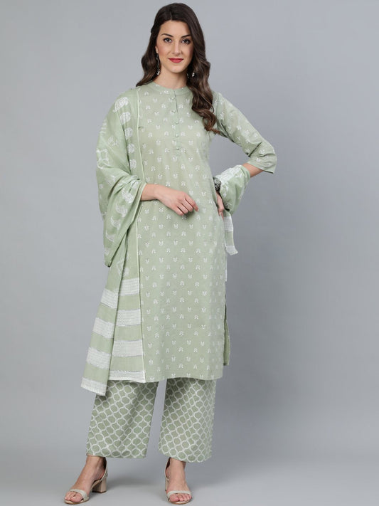 Women Sage Green & Silver Printed Straight Kurta With Plazo & Dupatta | LASVINI - Redefining Indian Fashion with Elegance