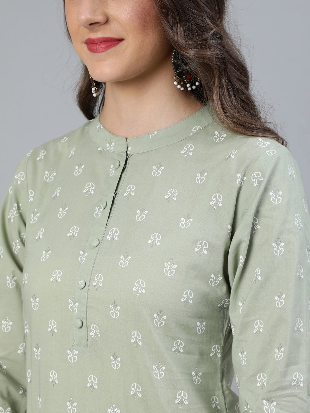 Women Sage Green & Silver Printed Straight Kurta With Plazo & Dupatta | LASVINI - Redefining Indian Fashion with Elegance