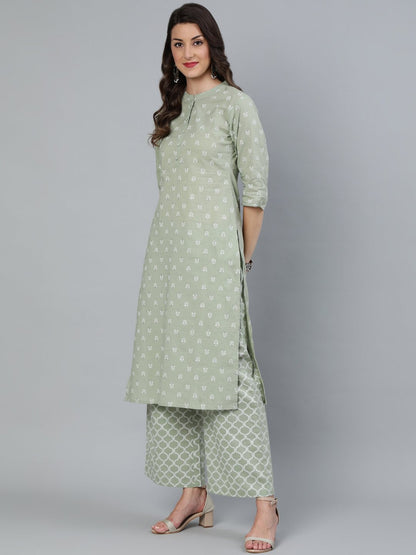 Women Sage Green & Silver Printed Straight Kurta With Plazo & Dupatta | LASVINI - Redefining Indian Fashion with Elegance