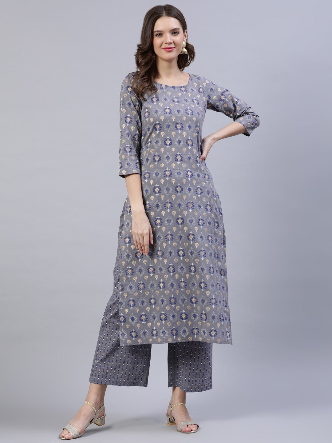 Women Grey Printed Straight Kurta With Plazo | LASVINI - Redefining Indian Fashion with Elegance