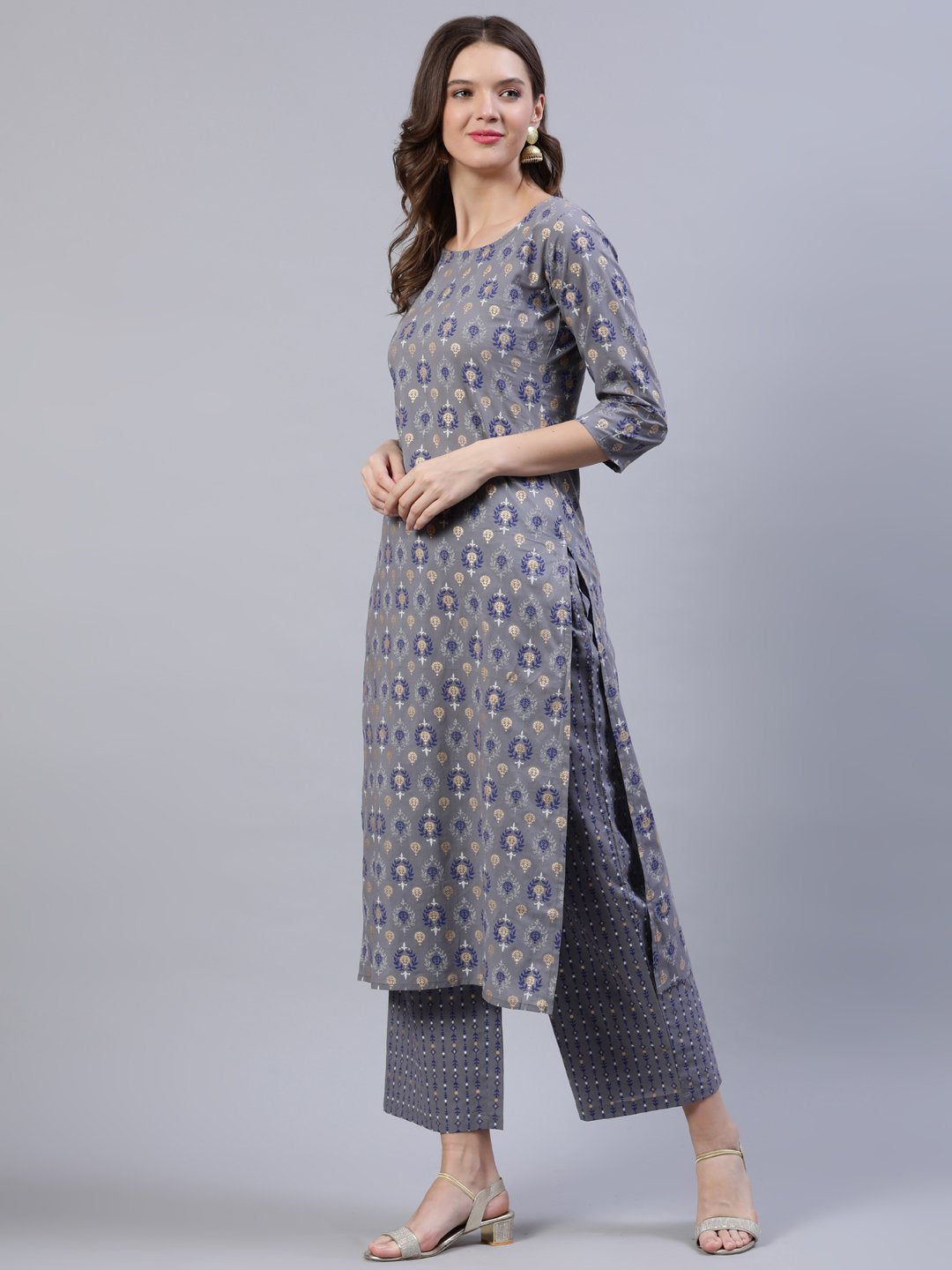 Women Grey Printed Straight Kurta With Plazo | LASVINI - Redefining Indian Fashion with Elegance