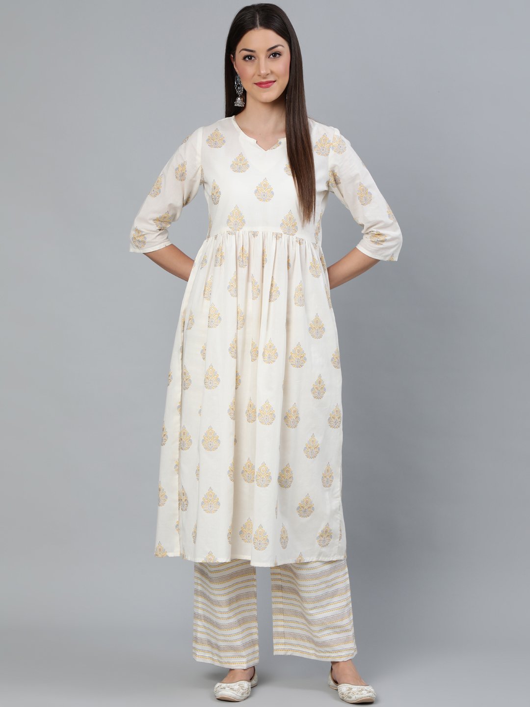 Women Cream & Gold Printed Gathered  Kurta With Plazzo | LASVINI - Redefining Indian Fashion with Elegance