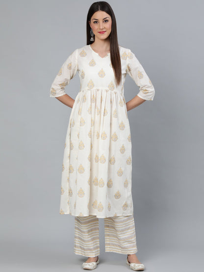 Women Cream & Gold Printed Gathered  Kurta With Plazzo | LASVINI - Redefining Indian Fashion with Elegance