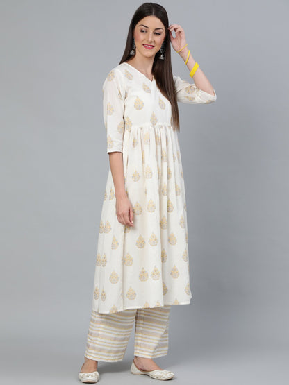 Women Cream & Gold Printed Gathered  Kurta With Plazzo | LASVINI - Redefining Indian Fashion with Elegance