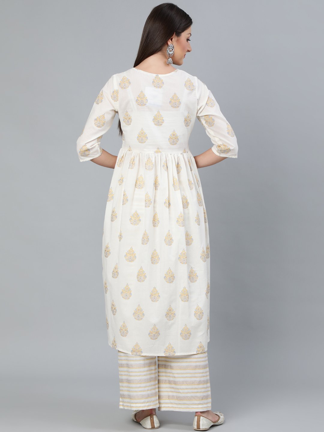Women Cream & Gold Printed Gathered  Kurta With Plazzo | LASVINI - Redefining Indian Fashion with Elegance
