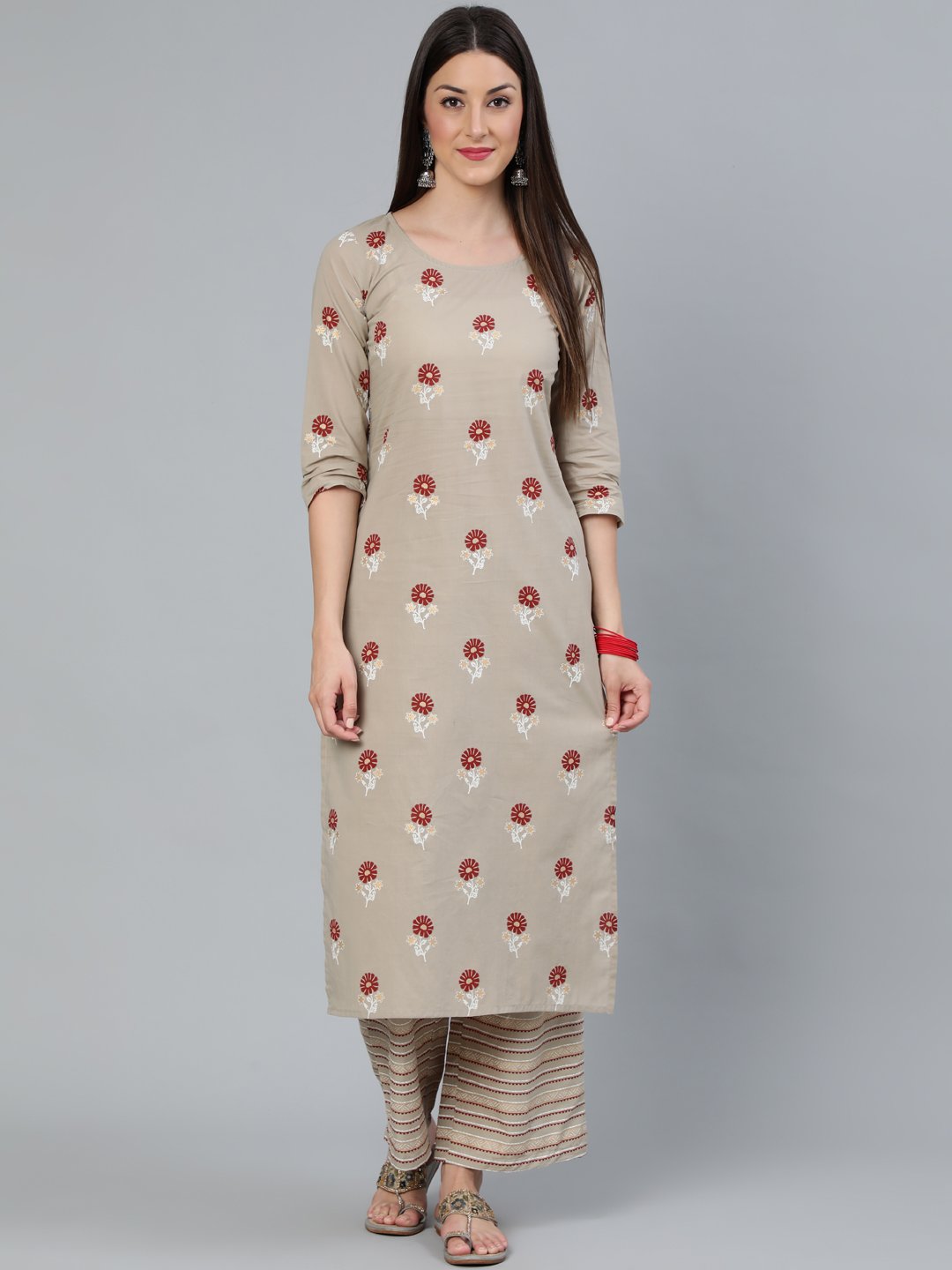 Women Beige & Maroon Printed Straight  Kurta With Plazzo | LASVINI - Redefining Indian Fashion with Elegance